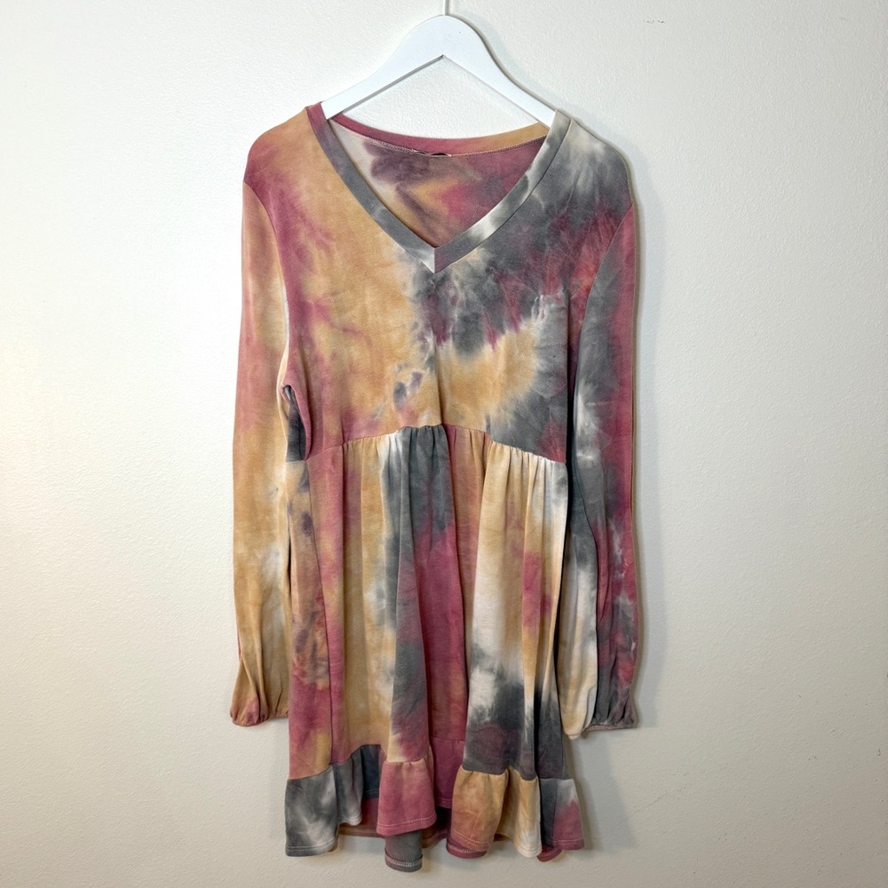 Fall JODIFL Multicolor Vibrant Tie-Dye Midi Dress V-Neck Women Size Large Flowy